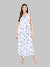 White And Blue Women's Cotton Sleeveless Floral Nighty