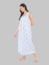 White And Blue Women's Cotton Sleeveless Floral Nighty