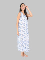White And Blue Women's Cotton Sleeveless Floral Nighty