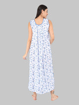 White And Blue Women's Cotton Sleeveless Floral Nighty