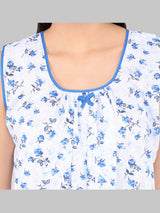 White And Blue Women's Cotton Sleeveless Floral Nighty