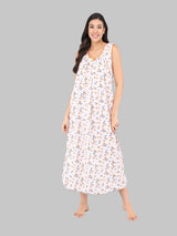 Orange & White Women's Cotton Sleeveless Floral Nighty