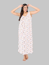 Orange & White Women's Cotton Sleeveless Floral Nighty