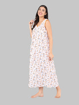 Orange & White Women's Cotton Sleeveless Floral Nighty
