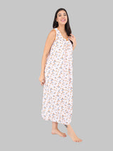 Orange & White Women's Cotton Sleeveless Floral Nighty
