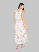Orange & White Women's Cotton Sleeveless Floral Nighty