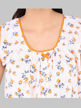 Orange & White Women's Cotton Sleeveless Floral Nighty