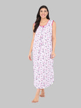 Pink & White Women's Cotton Sleeveless Floral Nighty