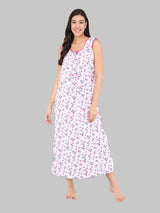 Pink & White Women's Cotton Sleeveless Floral Nighty