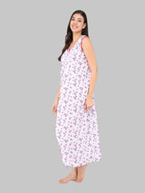 Pink & White Women's Cotton Sleeveless Floral Nighty
