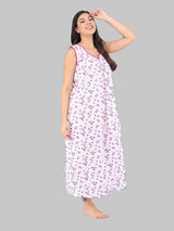 Pink & White Women's Cotton Sleeveless Floral Nighty