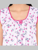 Pink & White Women's Cotton Sleeveless Floral Nighty