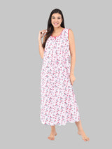 Red & White Women's Cotton Sleeveless Floral Nighty