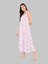 Red & White Women's Cotton Sleeveless Floral Nighty