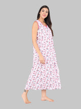 Red & White Women's Cotton Sleeveless Floral Nighty