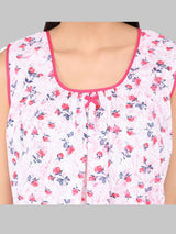 Red & White Women's Cotton Sleeveless Floral Nighty