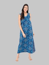 Blue Women's Cotton Floral Sleeveless Nighty by Shararat