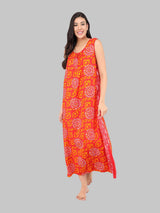 Orange & White Women's Cotton Floral Sleeveless Nighty