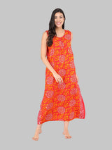 Orange & White Women's Cotton Floral Sleeveless Nighty