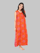 Orange & White Women's Cotton Floral Sleeveless Nighty