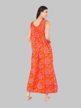 Orange & White Women's Cotton Floral Sleeveless Nighty
