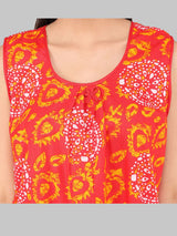 Orange & White Women's Cotton Floral Sleeveless Nighty