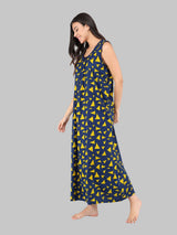 Yellow & Blue Women's Cotton Triangle Print Sleeveless Nighty