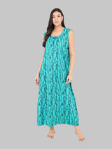 Green And Black Women's Printed Cotton Wave Print Sleeveless Nighty