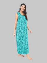 Green And Black Women's Printed Cotton Wave Print Sleeveless Nighty