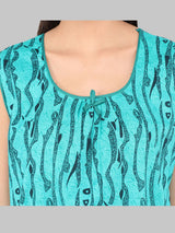 Green And Black Women's Printed Cotton Wave Print Sleeveless Nighty