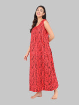Red & Black Women's Printed Cotton Wave Print Sleeveless Nighty