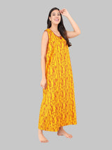 Yellow & Red Women's Printed Cotton Wave Print Sleeveless Nighty