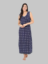 Navy Blue & White Women's Cotton Sleeveless Floral Nighty
