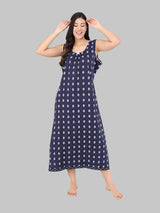 Navy Blue & White Women's Cotton Sleeveless Floral Nighty