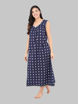 Navy Blue & White Women's Cotton Sleeveless Floral Nighty