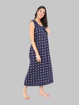 Navy Blue & White Women's Cotton Sleeveless Floral Nighty