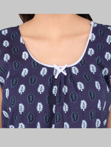 Navy Blue & White Women's Cotton Sleeveless Floral Nighty