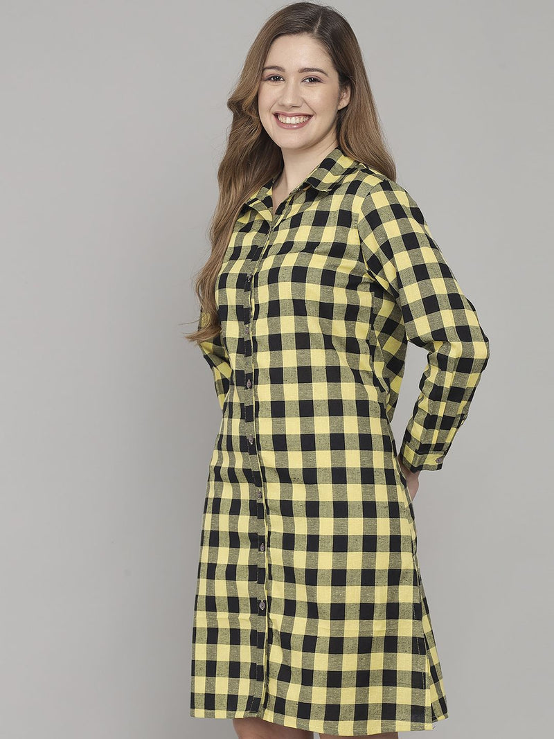 Yellow And Black Check Print Knee Length Cotton Sleep Shirt