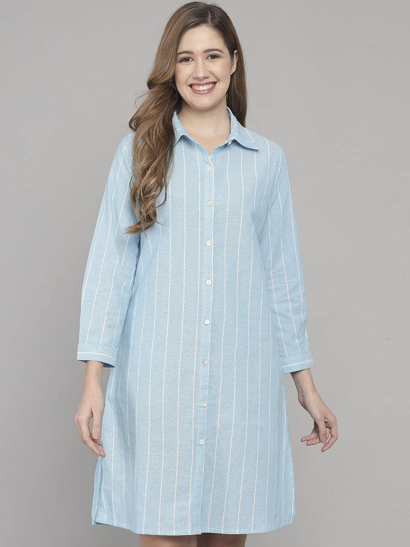 Light Blue And White Stripe Knee Length Cotton Sleep Shirt