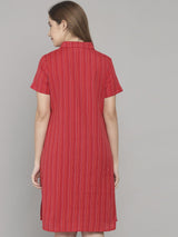 Red Strip Knee Length Cotton Sleep Shirt