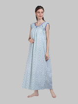 Blue Women's Cotton Floral Sleeveless Nighty by Shararat