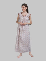 White & Brown Women's Cotton Floral Sleeveless Nighty