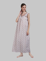 White & Brown Women's Cotton Floral Sleeveless Nighty