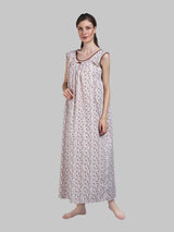 White & Brown Women's Cotton Floral Sleeveless Nighty