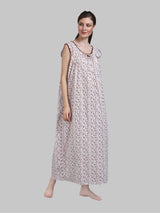 White & Brown Women's Cotton Floral Sleeveless Nighty
