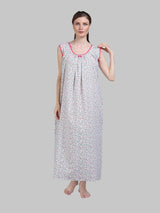 White & Pink Women's Cotton Floral Sleeveless Nighty