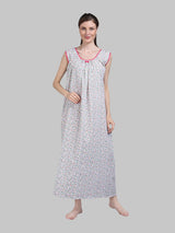 White & Pink Women's Cotton Floral Sleeveless Nighty