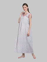 White & Pink Women's Cotton Floral Sleeveless Nighty