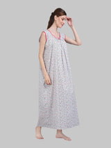 White & Pink Women's Cotton Floral Sleeveless Nighty