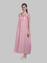 White & Red Women's Cotton Floral Sleeveless Nighty